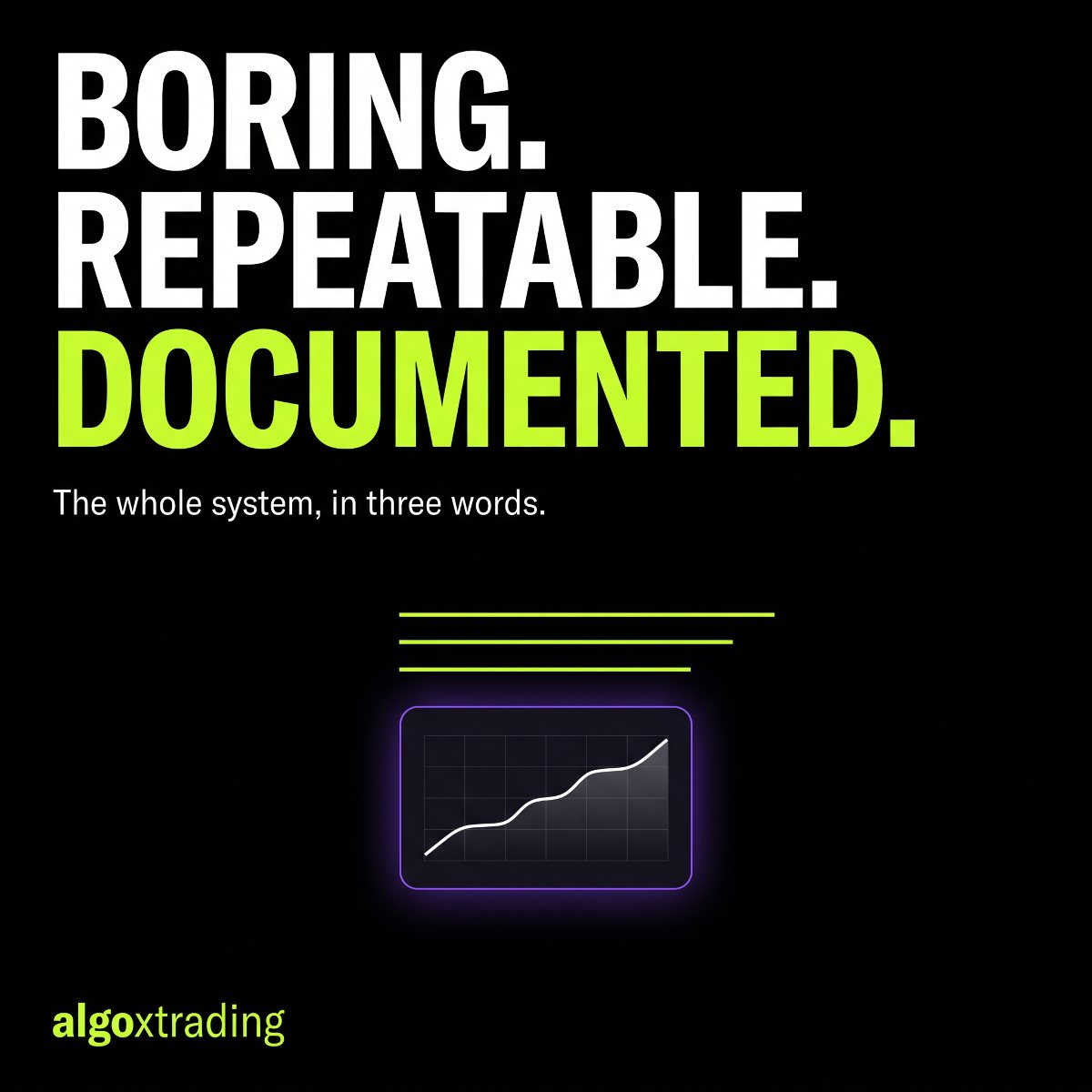 Boring, repeatable, documented — the AlgoX trading system in three words