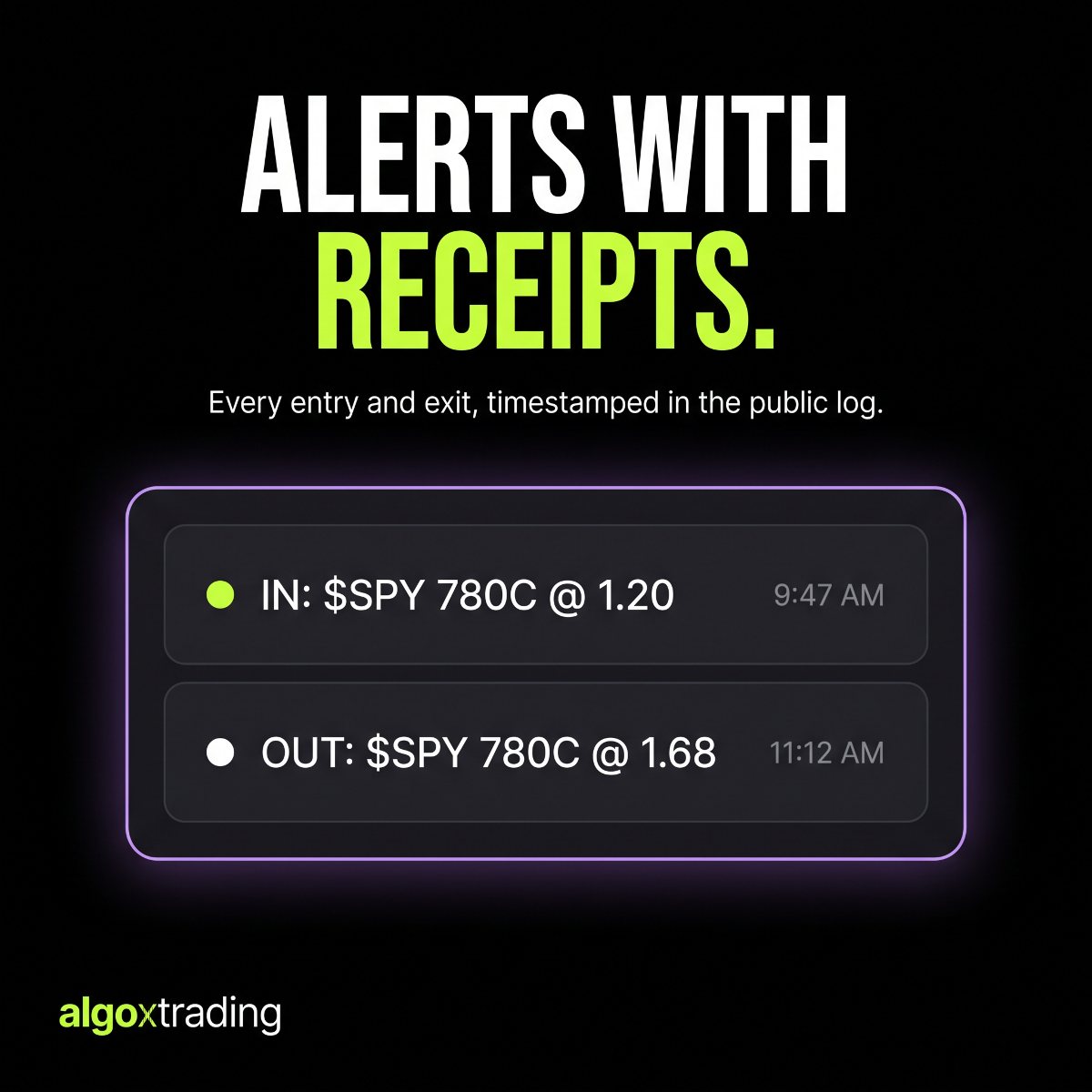 Timestamped options alert: SPY 780 call in at 1.20, out at 1.68, in the public log