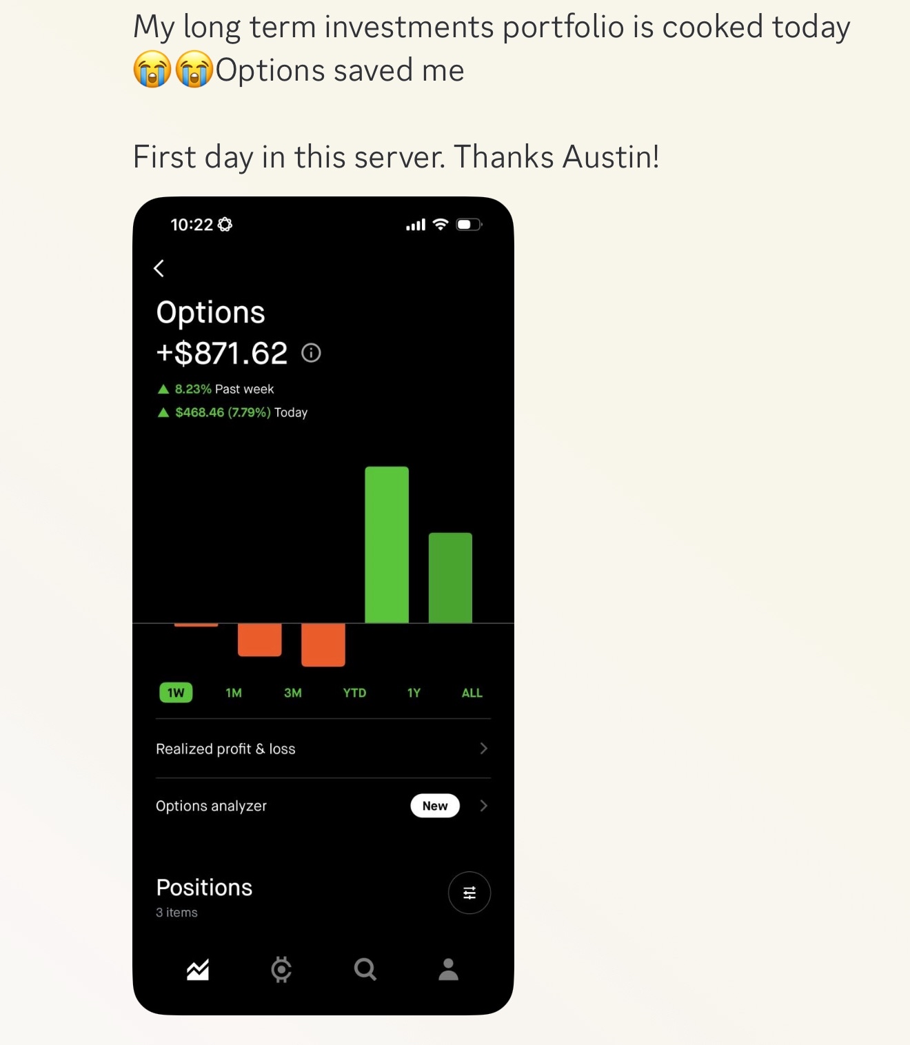 First day in the server, up +$871.62 — 'Options saved me. Thanks Austin!'