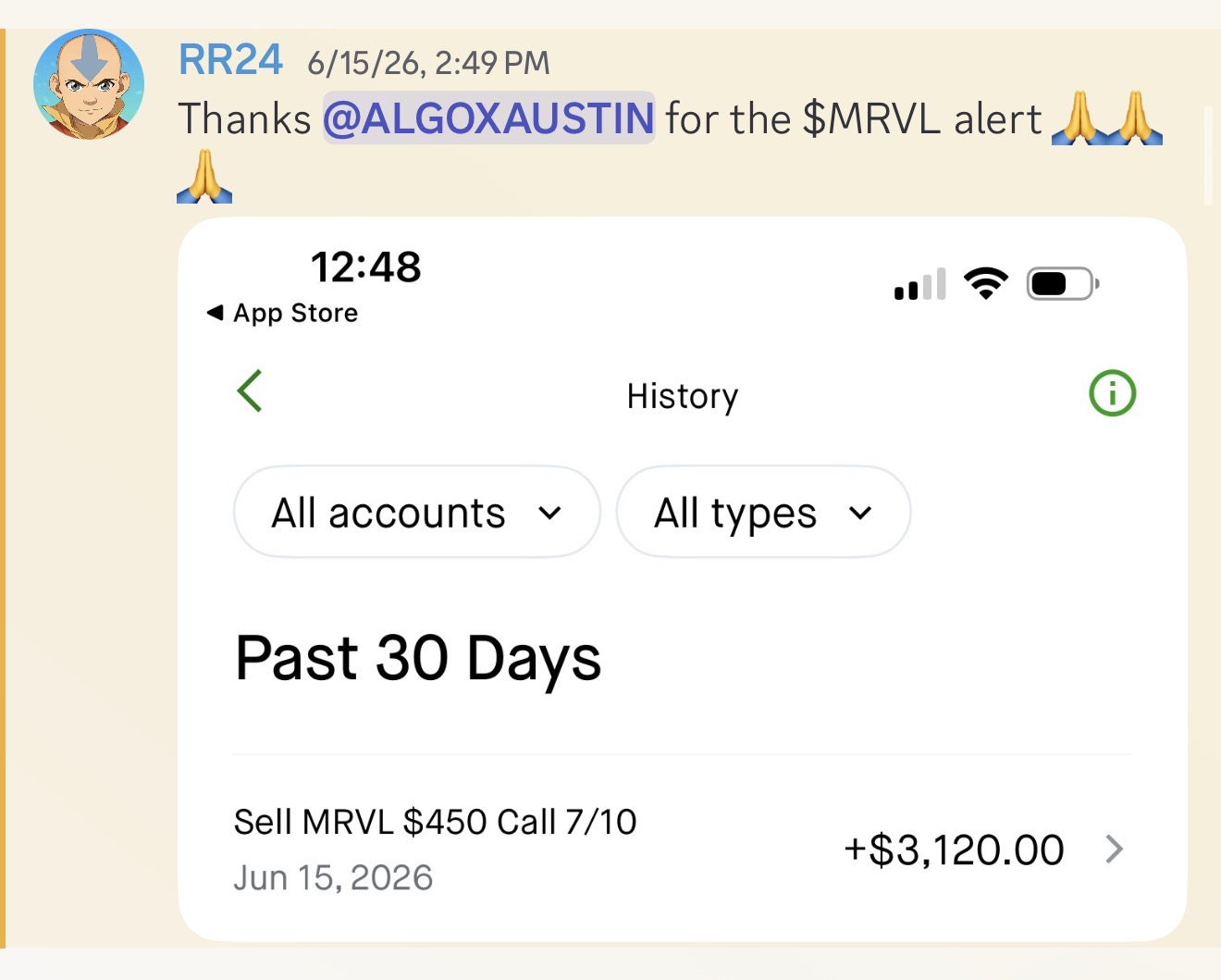 RR24 thanks AlgoX for the $MRVL alert — sold MRVL $450 call for +$3,120