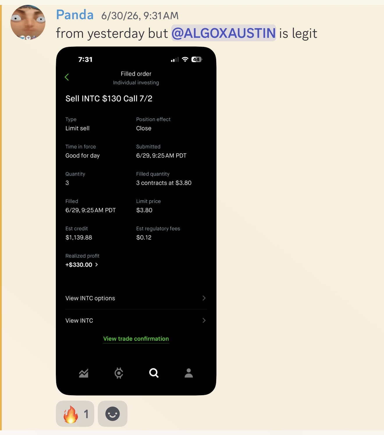 Panda: 'AlgoX is legit' — sold INTC $130 call for +$330