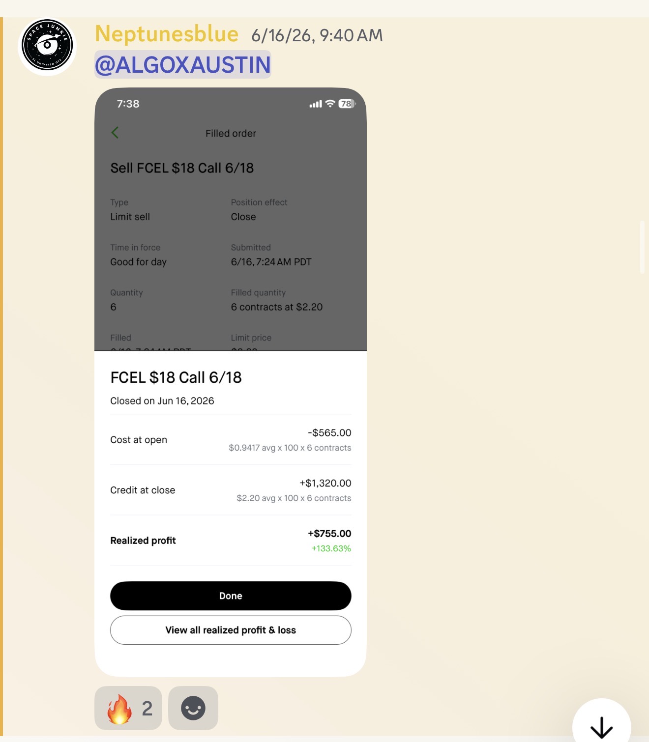 Neptunesblue thanks AlgoX — sold FCEL $18 call for +$755 (+133.63%)