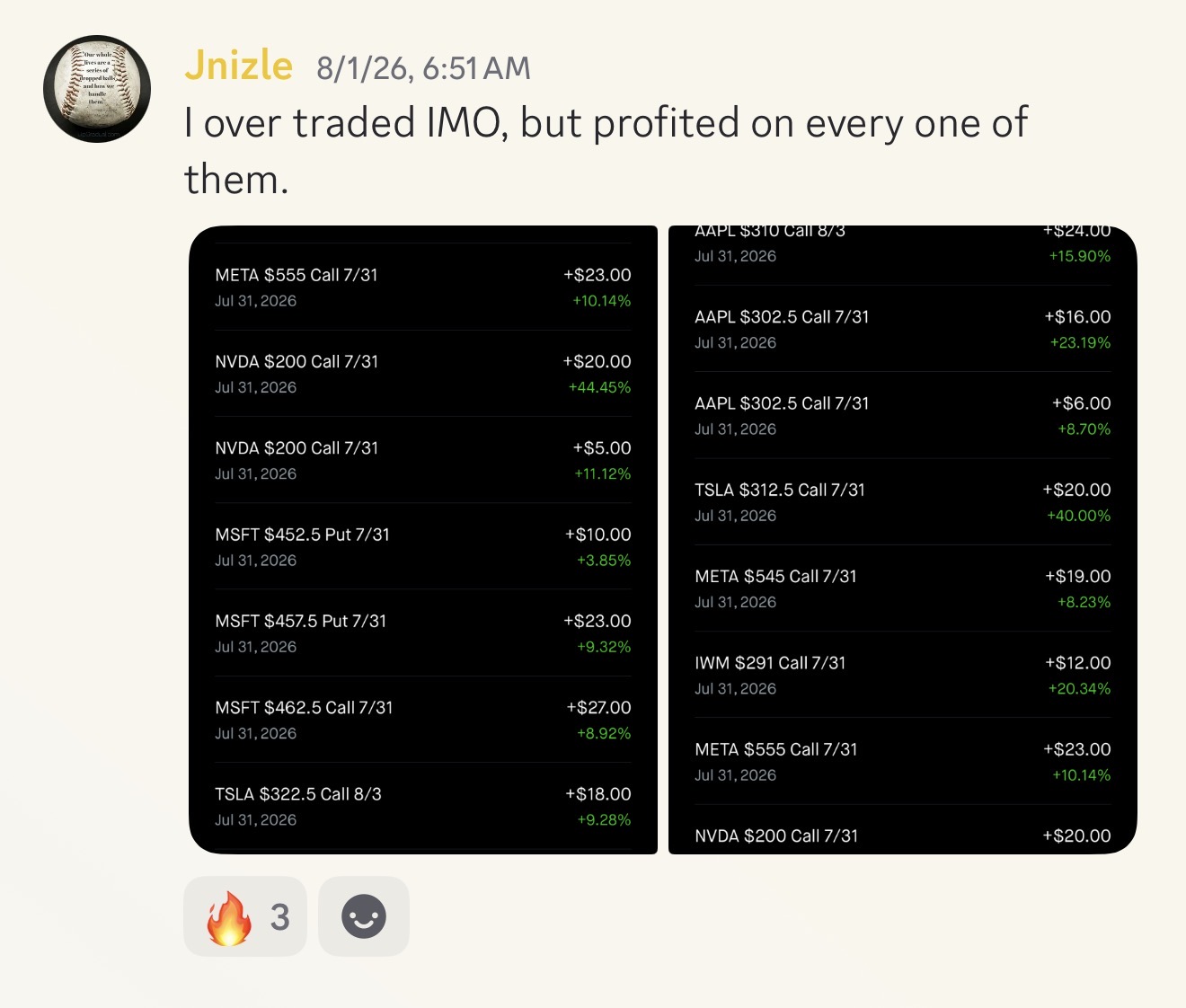 Jnizle: 'I over traded IMO, but profited on every one of them' — a full page of green option closes on META, NVDA, MSFT, AAPL, TSLA and IWM